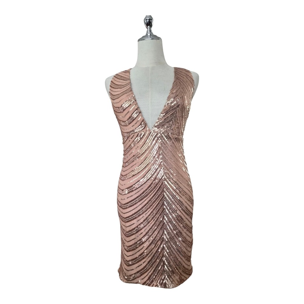 NWT Showpo Lory Rose Gold Sequin Plunge Bodycon Cocktail Party Dress US 2